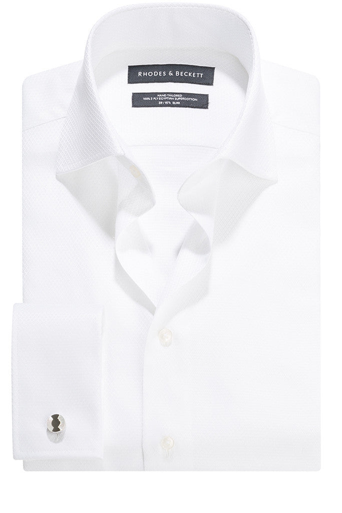 White Textured Semi Cut-Away Collar Shirt with Double Cuffs