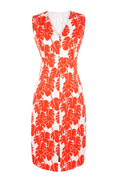 Tangerine Monstera Leave Sleeveless Cotton Dress
